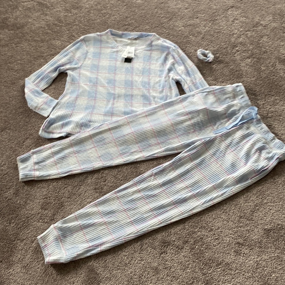 Roudelain Pastel Plaid Ribbed Long Sleeve Pajama Set With Scrunchie SIZE XL